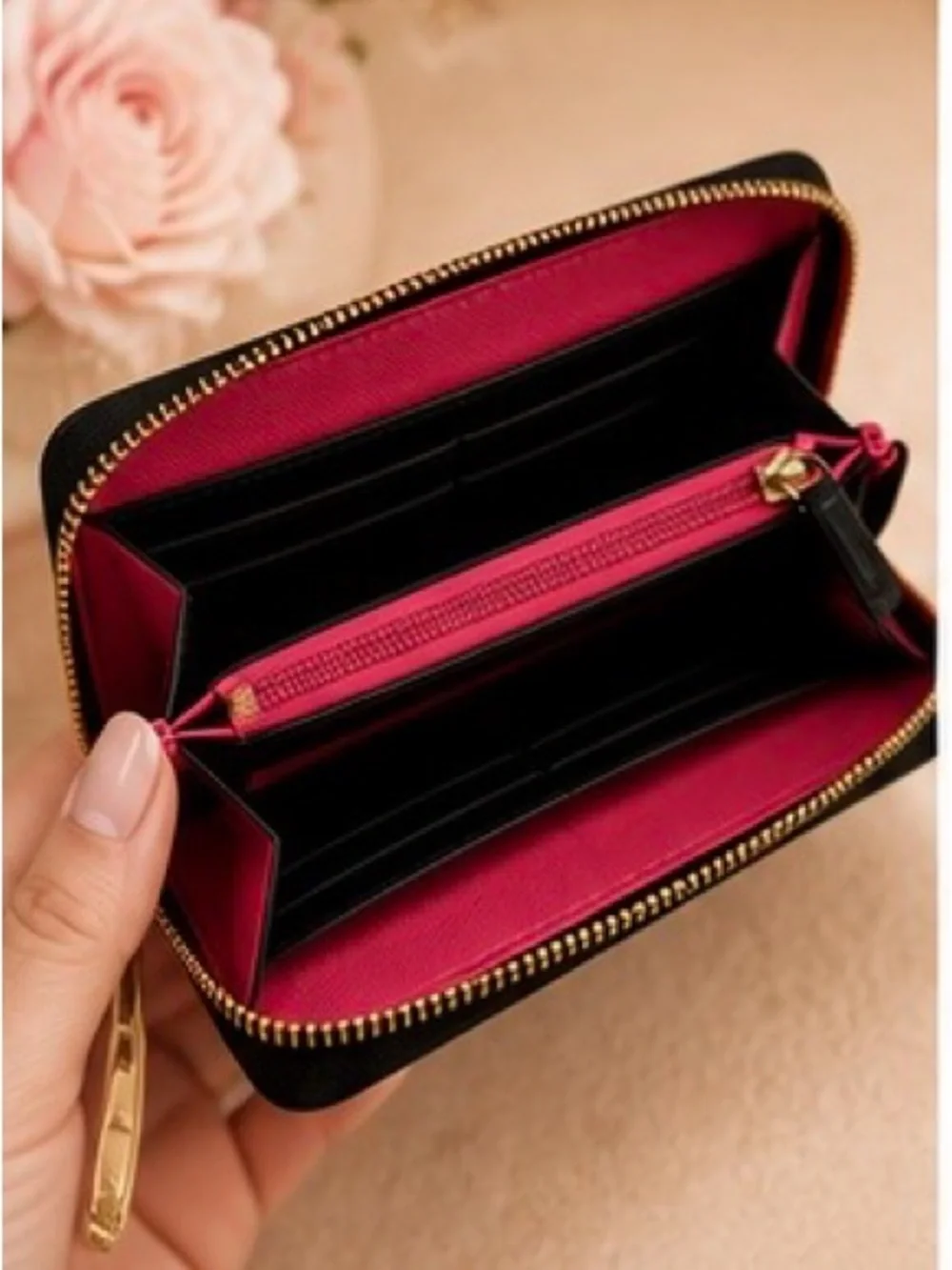 Juicy Couture Black Sequin Continental Zip Around Wallet Pink Interior NWT